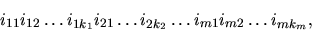 \begin{displaymath}i_{11} i_{12} \dots i_{1k_1} i_{21} \dots i_{2k_2} \dots i_{m1} i_{m2} \dots i_{mk_m},
\end{displaymath}